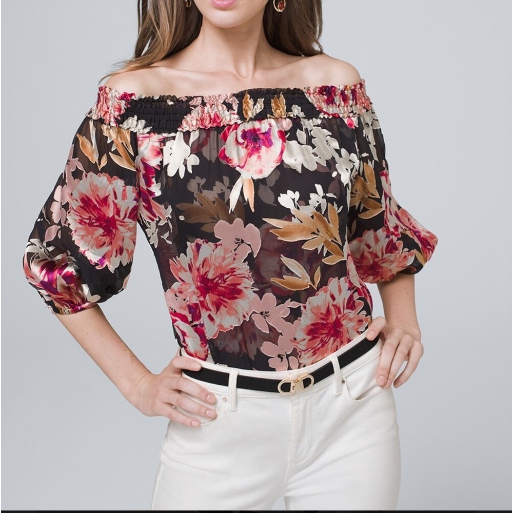 White House Black Market Floral Burnout off shoulder blouse Black & Rhubarb S